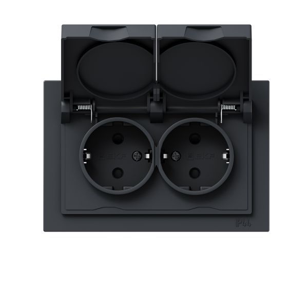 Механизм розетки двойной  16А  IP44  с заземлением  со шторками  с рамкой  с крышками  графит Эпика EKF