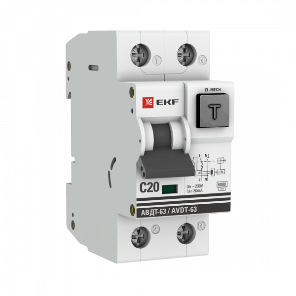 Автомат дифференциальный Автоматический выключатель дифференциального тока АВДТ-63 20А/ 30мА (характеристика C, эл-мех тип AC) 6кА PROxima