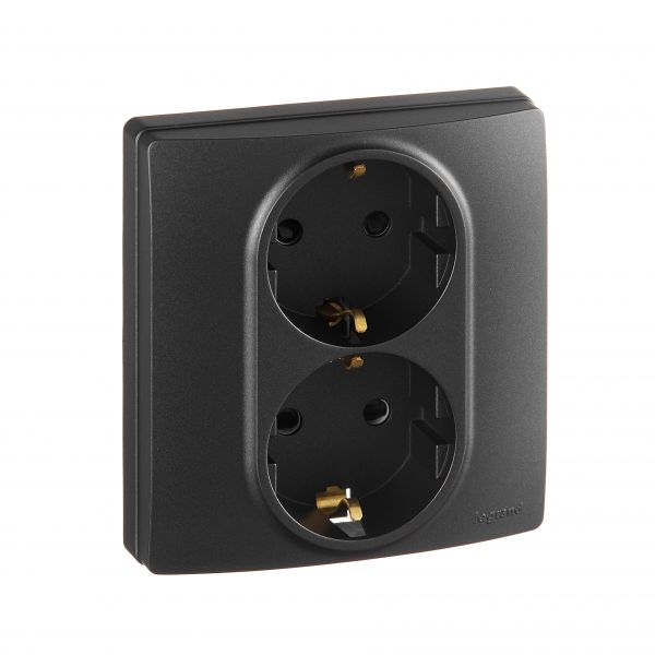 Розетка 2-местная с заземлением с защитными шторками безвинтовое крепление 16А в сборе антрацит ETIKA