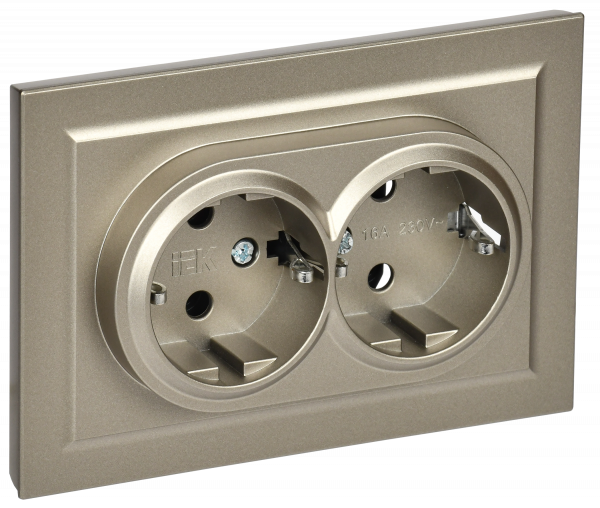 BRITE Розетка двойная с заземлением без защитных шторок 16А в сборе РС12-3-БрШ шампань