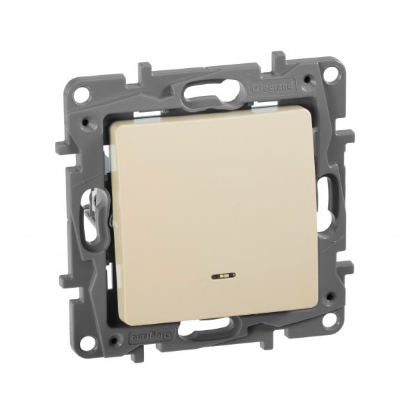 Выключатель 1-клавишный проходной с подсветкой/индикацией 10А безвинтовое крепление слоновая кость ETIKA