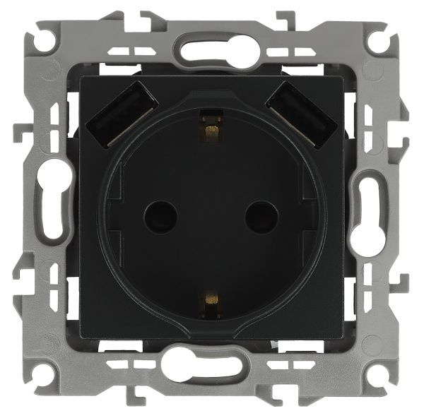 Розетка 2P+E 16A-250В, штор. с 2xUSB 5В-3А, Эра12, антрацит 12-4109-05