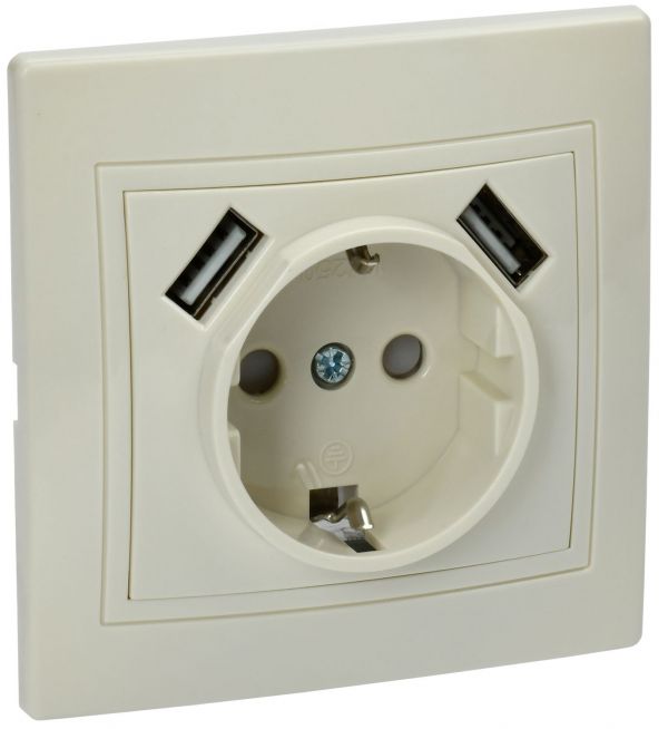 KVARTA Розетка с заземлением с защитными шторками 16А USBх2 2,1А РЮш10-1-ККм кремовый GENERICA