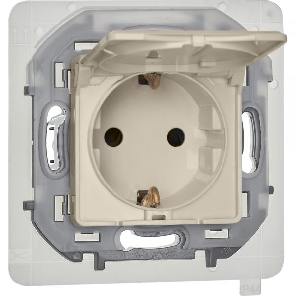 Розетка 1-местная с заземлением с защитными шторками и крышкой 16А IP44 слоновая кость INSPIRIA