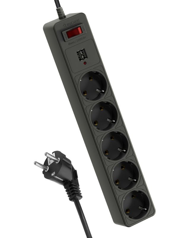 Фильтр сетевой 1,8м 5 гнезд, пвс 3х0,75мм2, черный 2 USB