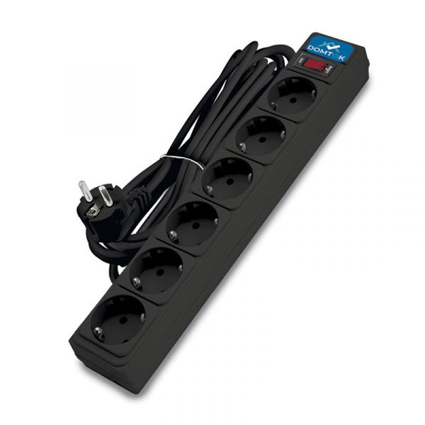 Фильтр-удлинитель 6 гнезд, ПВС 3x1, 10А/2,2кВт, выключатель с индикацией, с заземлением, черный, 5 метров DOMTOK