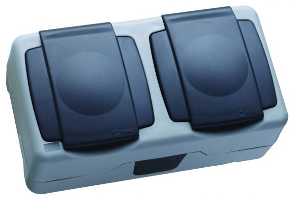 Розетка с заземлением и крышкой двойная, IP55, серый цвет