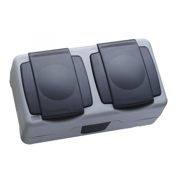 Розетка двойная герметичная с крышкой IP55 серая (пружинный зажим)