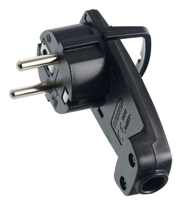 Вилка угловая плоская с кольцом, с заземлением, 250 В,16 А, IP20, черная