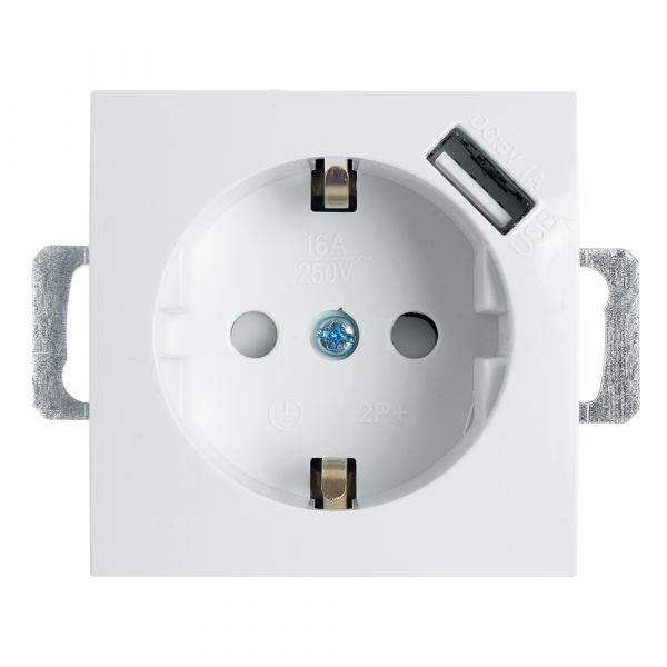 Розетка одноместная (механизм) с/з 250В, 16А с USB 1А, серия Эрна, белый, Stekker