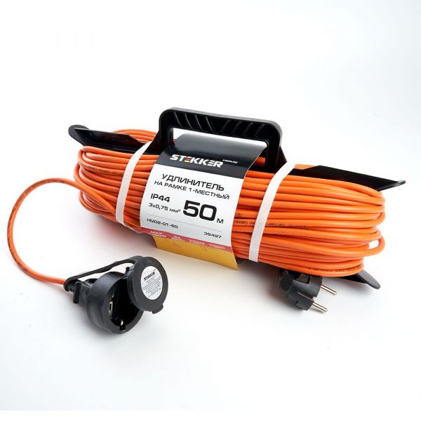 Удлинитель на рамке 1-местный с/з 3*0.75 50м оранжевый HM02-01-50