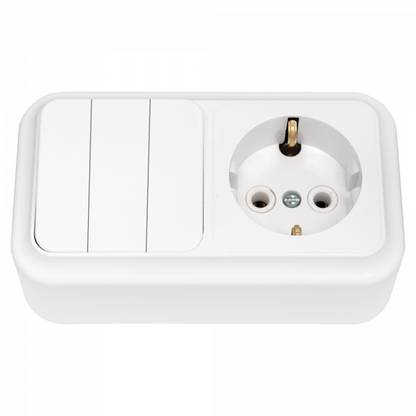 Беларусь Блок: выключатель трехклавишный + розетка с заземлением наружный Пралеска