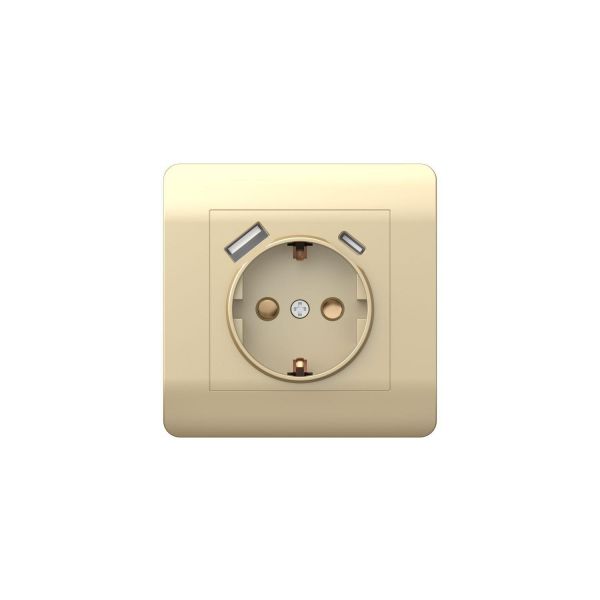 Розетка с/з со шторками, 16А+ USB двойная A+С, 5В/2,1А, шампань