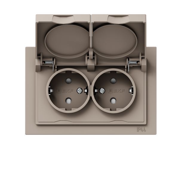 Механизм розетки двойной  16А  IP44  с заземлением  со шторками  с рамкой  с крышками  кремовый Эпика EKF