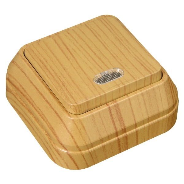 Выключатель одноклавишный наружный с подсветкой дуб