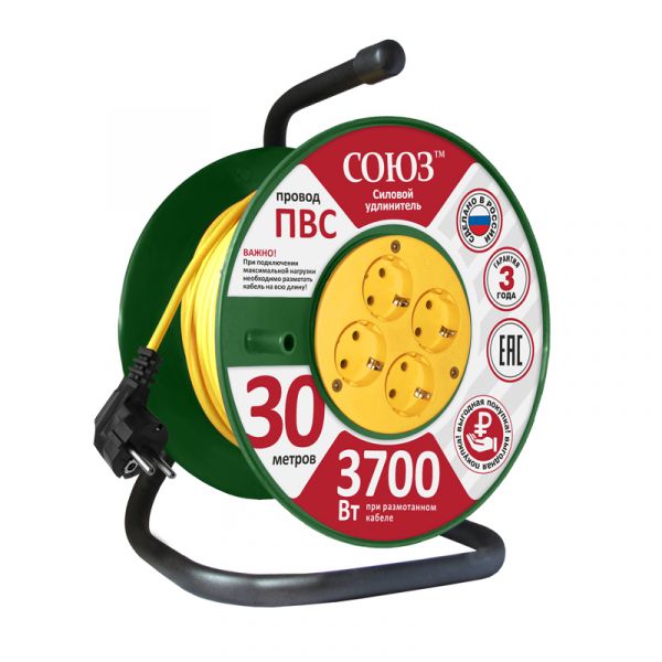 Удлинитель Союз силовой на катушке с 4 гнезда 3700 Вт с заземлением 30м