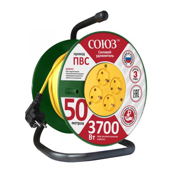 Удлинитель Союз силовой на катушке с 4 гнезда 3700 Вт с заземлением 50м