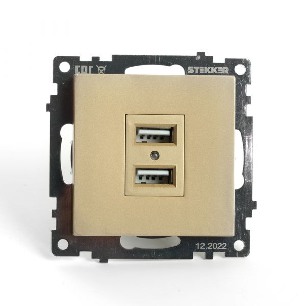 Розетка двухместная USB (механизм) 250В 2,1А серия Катрин золото STEKKER