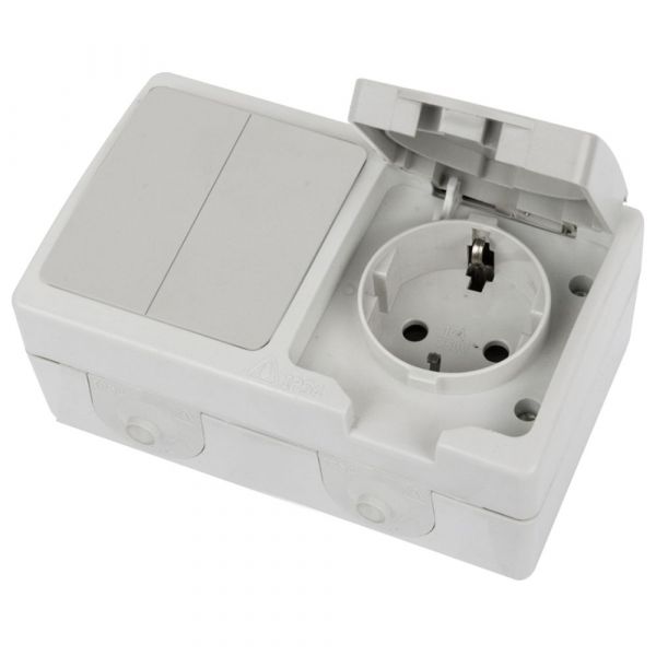 Блок розетка 1-мест с/з 250В 16А+выкл 2-клав 1-полюс для 2-х цепей 250В 10А белый/серый STEKKER