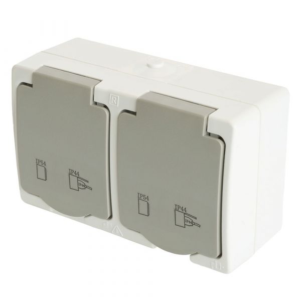 Розетка 2-местная с крышкой с/з 250В 16А IP54 серия Велена белый/серый STEKKER