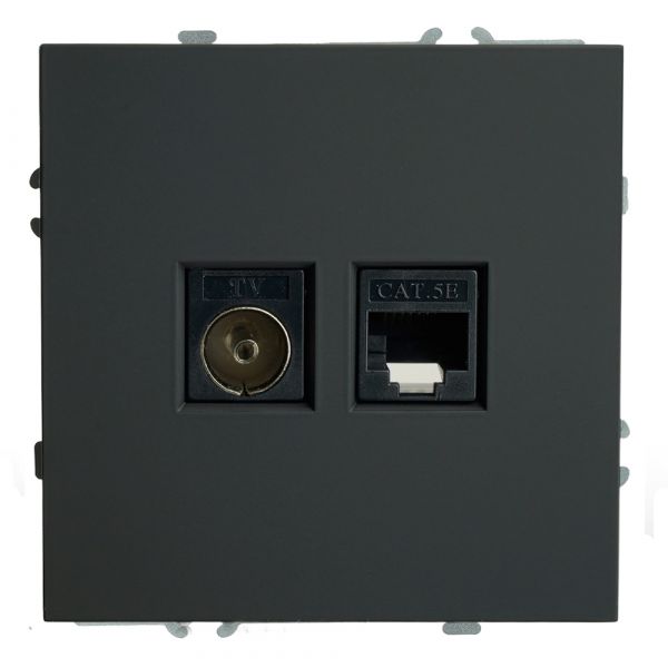 Розетка TV + компьютерная RJ-45 (механизм),, серия Эмили, черный уголь, soft touch