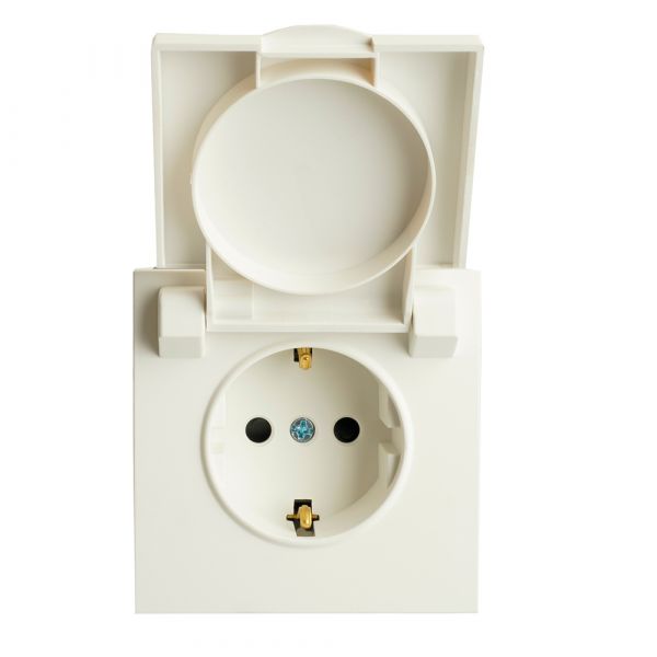 Розетка 1-местная с крышкой с защ. штор с/з, 250В, 16А, серия Эмилир, белый фарфор, soft touch