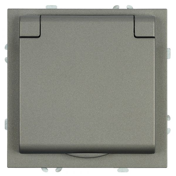 Розетка 1-местная с крышкой с защитной шторкой с/з (механизм) 250В 16А антрацит soft touch серия Эмили STEKKER