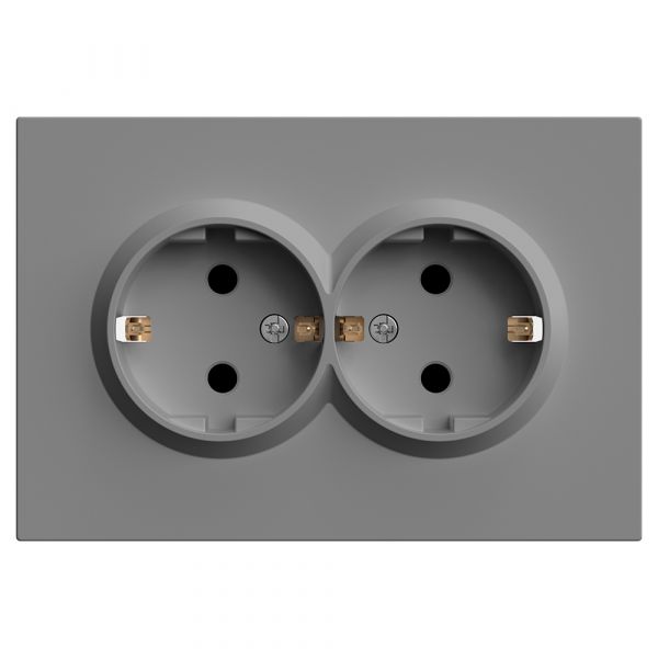 Розетка 2-местная с защитной шторкой с/з, 250В, 16А, серия Эмили, платиново-серый soft touch STEKKER