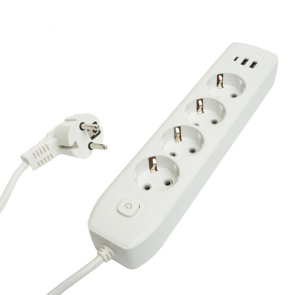 Удлинитель 4-местный c/з 3x1 мм2 3 м 250В 10А 2USB+1Type-C 2.4А Home белый