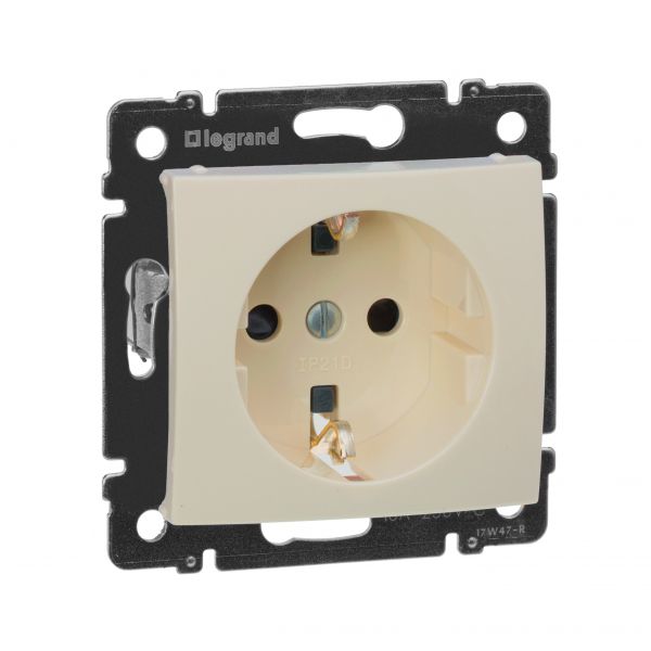 Розетка 1-местная с заземлением с защитными шторками 16А слоновая кость VALENA