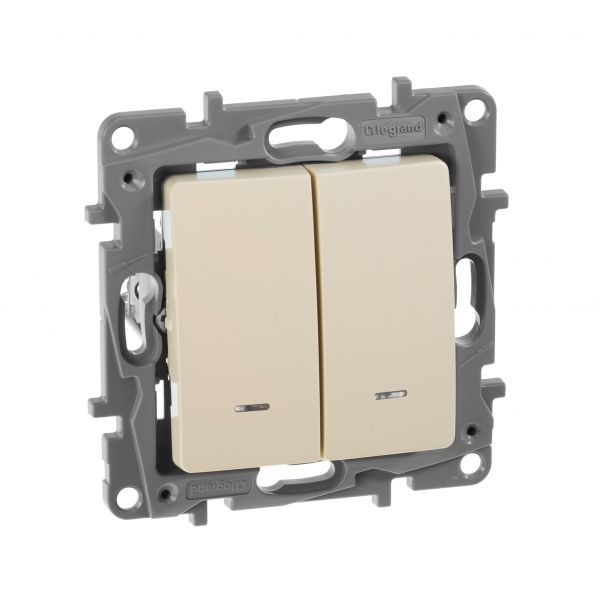Выключатель 2-клавишный с подсветкой/индикацией 10А безвинтовое крепление слоновая кость ETIKA