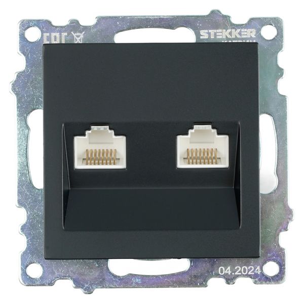 Розетка компьютерная 2-местная RJ-45 (механизм) серия Катрин черный STEKKER