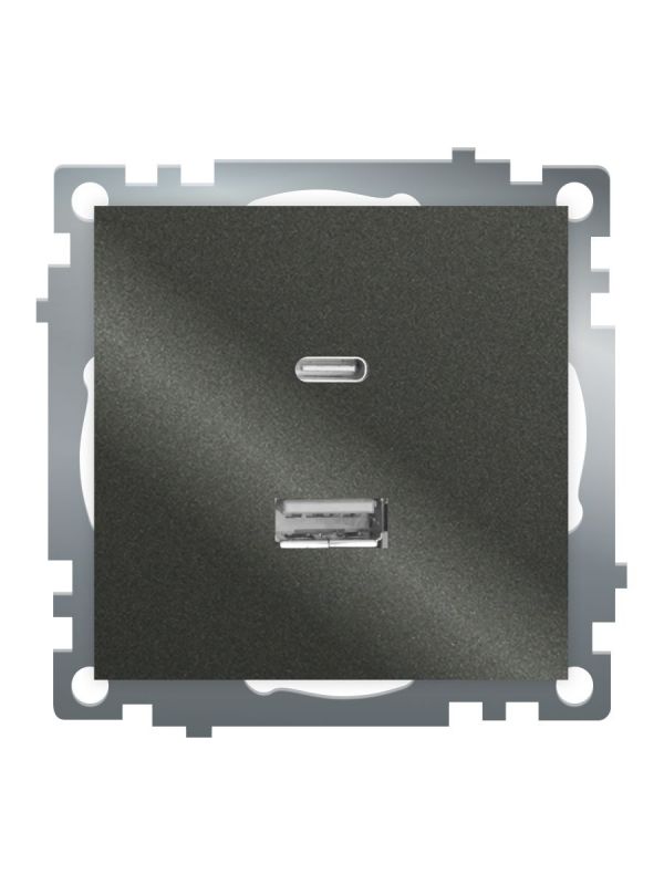 Розетка 2-местная USB+TypeC (механизм) 250В 3А max 20W серия Катрин графит STEKKER