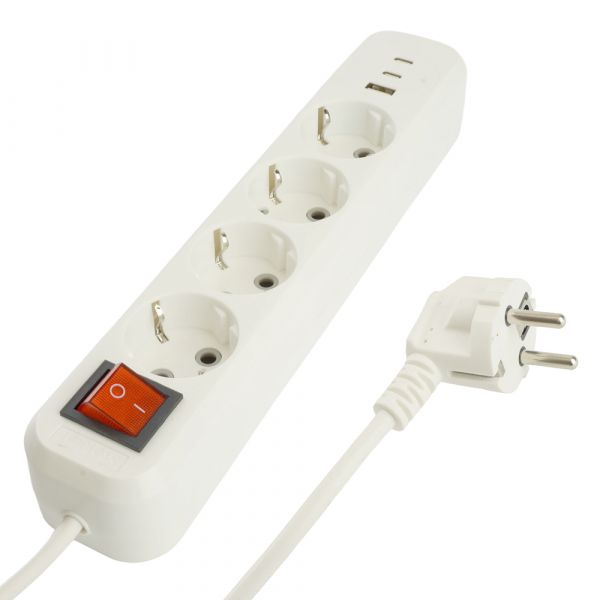 Удлинитель 4-местный с/з с выключателем 3x1 мм 2.2 м 250 В 16 А 1 USB+2 C 2.4 A белый HM071-41-02