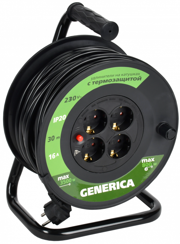 Удлинитель силовой УК30 с термозащитой 4 места 2P+PE/30м 3х1.5мм2 GENERICA