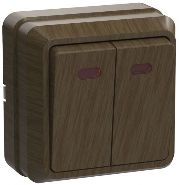 OKTAVA Выключатель 2-клавишный с индикацией для открытой установки 10А ВС20-2-1-ОД дуб GENERICA