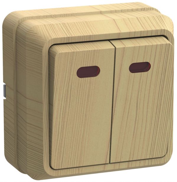 OKTAVA Выключатель 2-клавишный с индикацией для открытой установки 10А ВС20-2-1-ОС сосна GENERICA