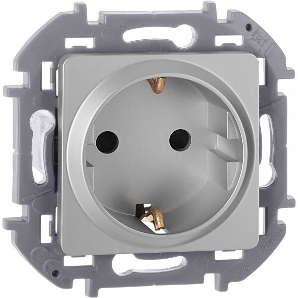 Розетка 1-местная с заземлением с защитными шторками 16А алюминий INSPIRIA