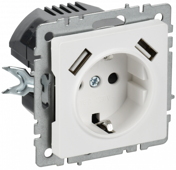 BRITE Розетка 1-местная с заземлением с защитными шторками 16А с USB A+A 5В 3,1А РЮш10-2-БрАБ арктический белый IEK