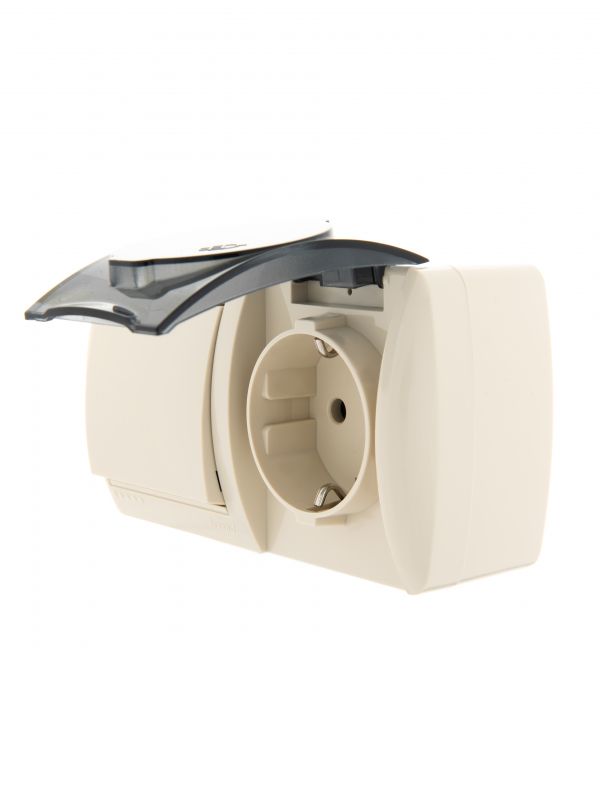 HATA Выключатель с розеткой с заземлением и       крышкой бежевый, горизонтальный