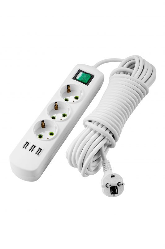 Удлинитель с/з 3 входа 5 метров с выключателем c USB-разъемом