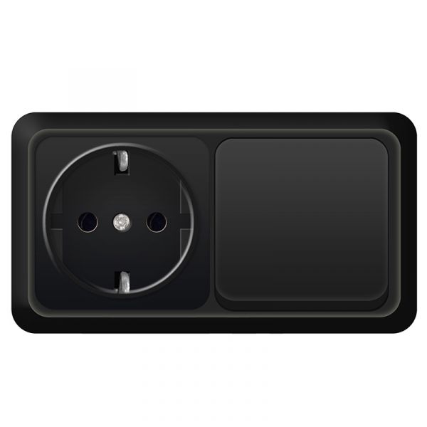 Блок UNIVersal серия Олимп, о/у, выключатель одноклавишный 10А + розетка с/з 16A, 220В, горизонтальный черный