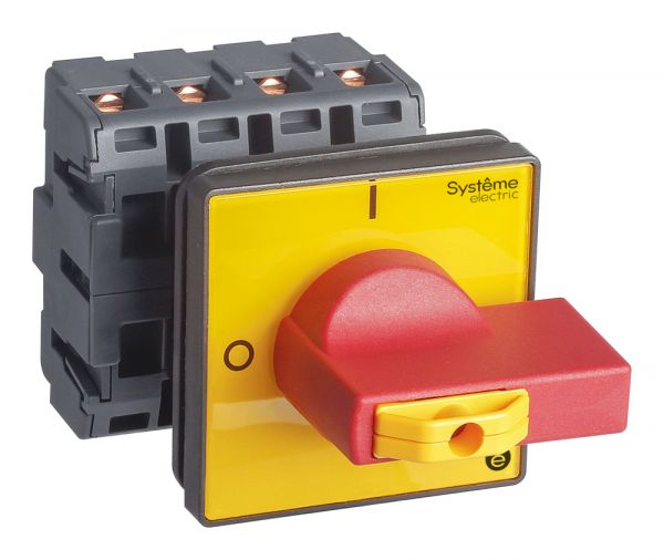 ВЫКЛЮЧАТЕЛЬ-РАЗЪЕДИНИТЕЛЬ 4P 63A IP20 С КРАСНОЙ РУКОЯТКОЙ НА ДВЕРЦУ 4 ВИНТА 1 ЗАМОК