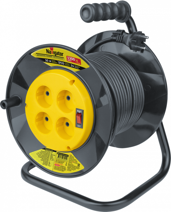 Удлинитель силовой NPE-R-04-30-X-2x0.75 на пластиковой катушке с термовыключателем 4 гнезда б/з 30м ПВС 2х0,75 1300 Вт IP20