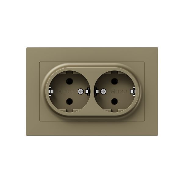Механизм розетки двойной  16А  с заземлением  без шторок  с рамкой  шампань Эпика EKF