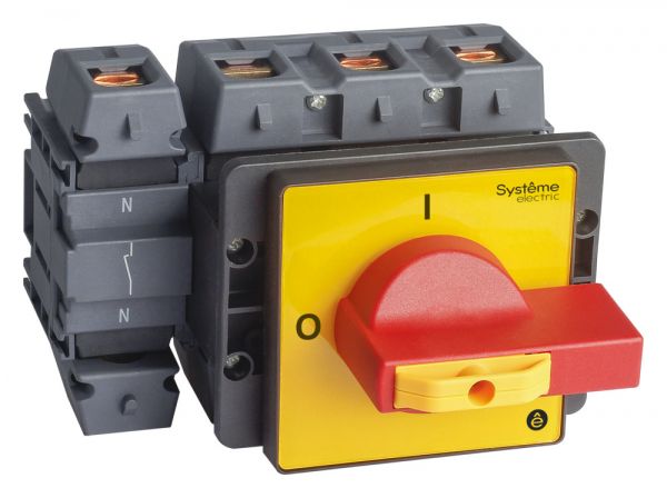 ВЫКЛЮЧАТЕЛЬ-РАЗЪЕДИНИТЕЛЬ 4P 125A IP20 С КРАСНОЙ РУКОЯТКОЙ НА ДВЕРЦУ 4 ВИНТА 1 ЗАМОК