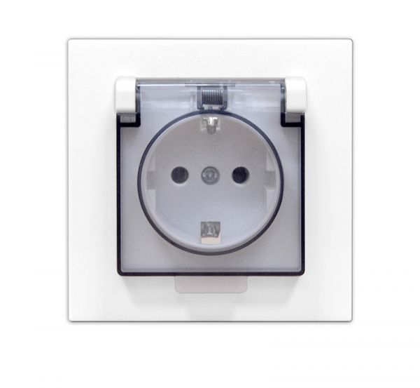 Розетка одноместная с прозрачной крышкой UNIVersalсерия Афинас/з, с/у, 16А, 220В, белая (еврослот), механизм
