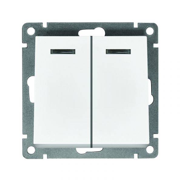 Выключатель двухклавишный с подсветкой UNIVersal серия Афина , с/у, 10А, 220В, механизм, белый (еврослот)