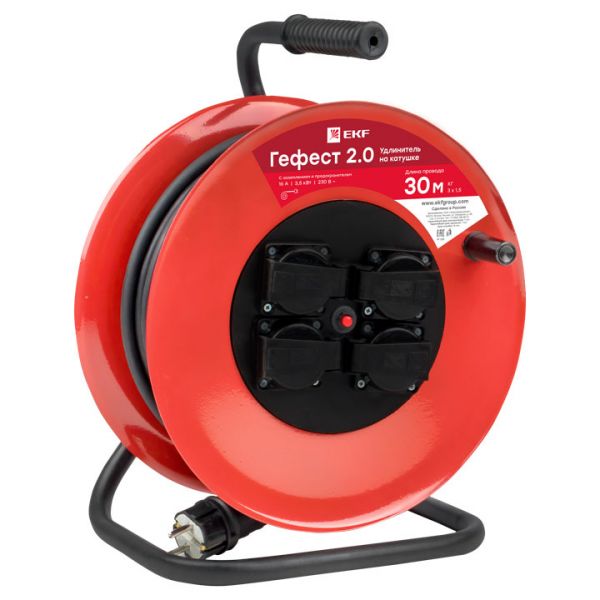 Удлинитель на катушке Гефест 2.0 4 гнезда 30м с заземлением и предохранителем КГ 3*2,5 16А/3,5кВ тIP44 PROxima