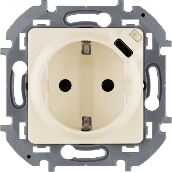 Розетка 1-местная с заземлением с защитными шторками 16А с USB C 5В безвинтовое крепление слоновая кость INSPIRIA
